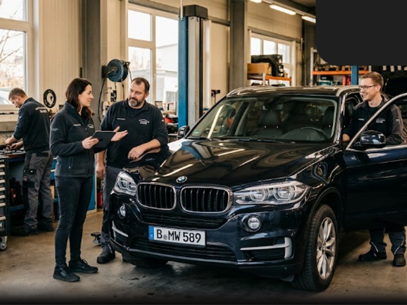 Команда Эленстор Авто осматривает подержанный BMW X5, привезенный из Германии, для портфолио.