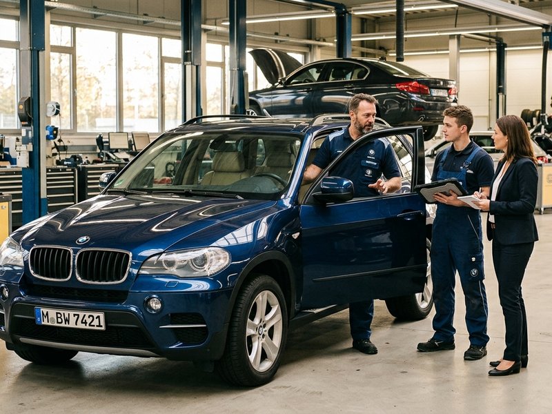 Команда Эленстор Авто осматривает подержанный BMW X5, привезенный из Германии, для портфолио.